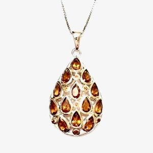 NEW Necklace Sterling Silver Pendant Citrine Stones Teardrop 18” NEW W/O Tag